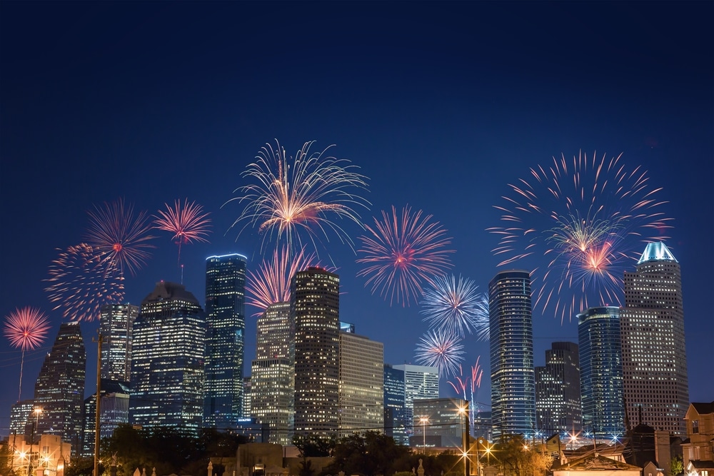 Houston,Skyline,(texas,,Usa),With,Fireworks